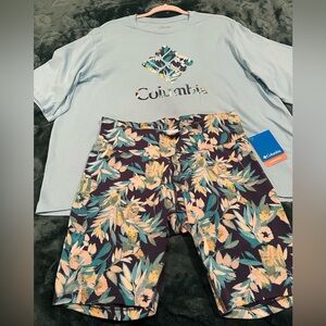 Columbia Light Blue Tee with floral graphic and matching Floral Shorts